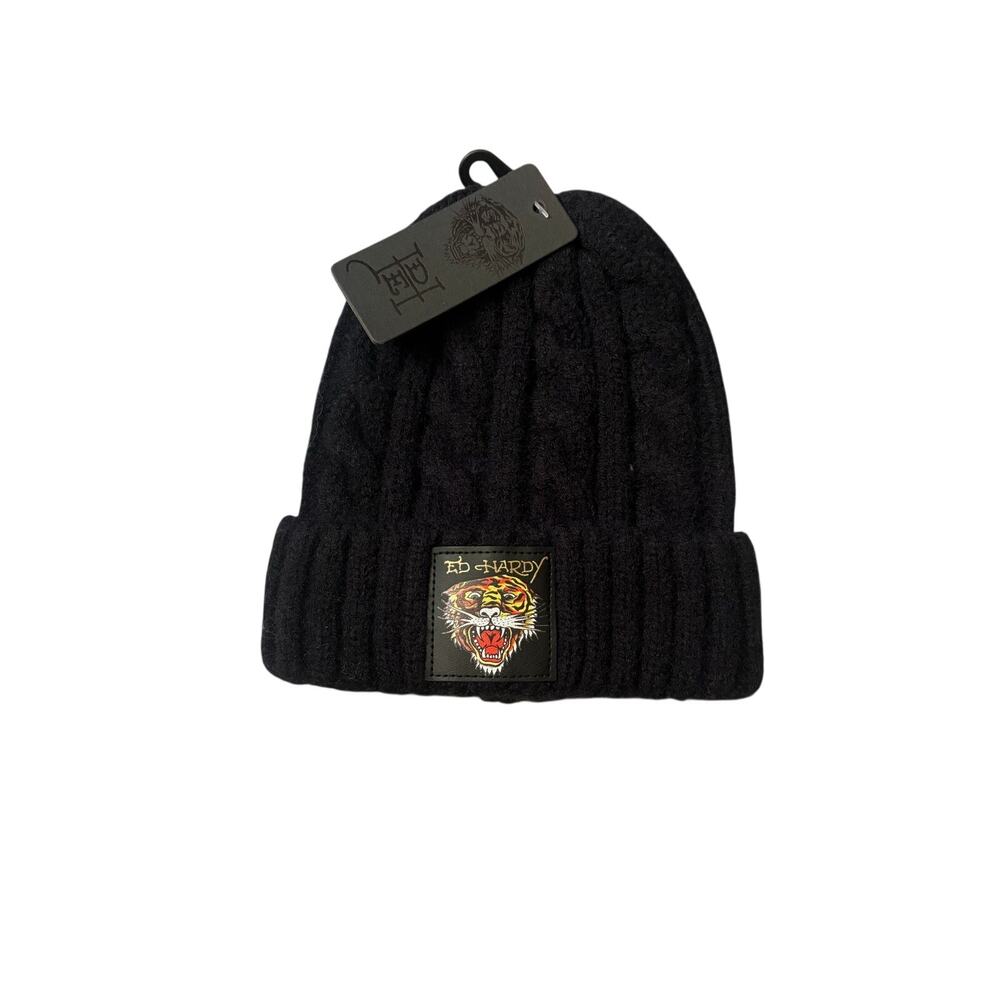 Ed Hardy Knit winter Beanie Hat, black with Ed Hardy tiger logo, New with tags